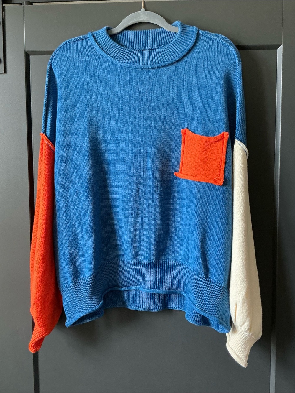 POL Oversized Colorblock Blue Crewneck | Orange Pocket and Contrasting Sleeves